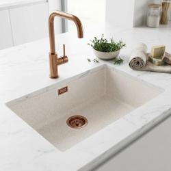 Large white sand-colored sink, 70x40 cm, for undermount and top-mount installation, with automatic copper drain plug 1208971937
